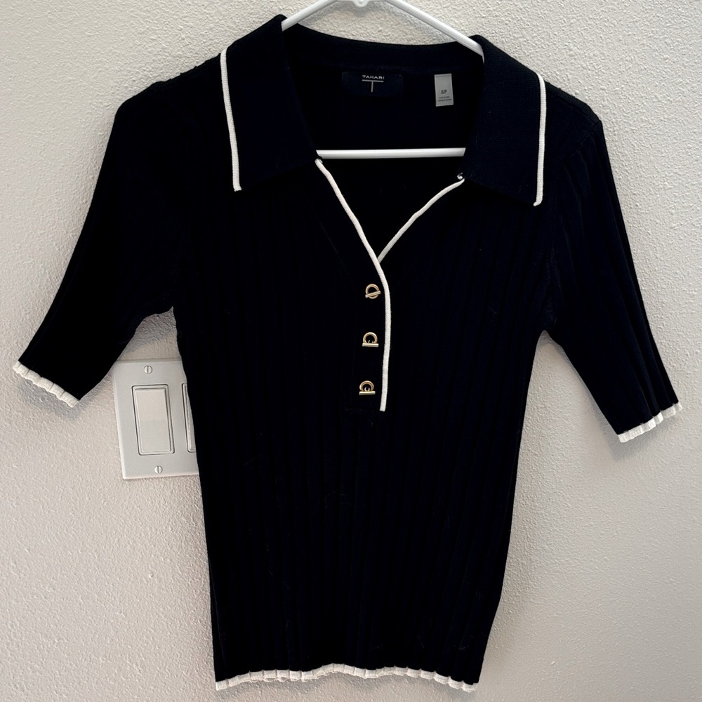 Tahari Black Ribbed Knit Top, White Edging detail and “Brass” Front Close, Sz. S